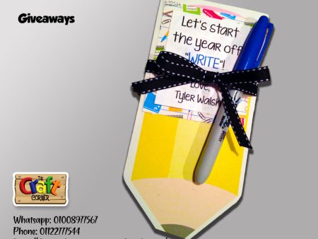 Pencil shaped welcome card with pen For Sale