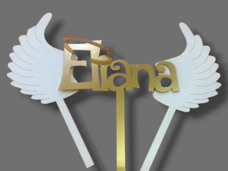 3 piece Matte acrylic topper (white and gold)  Name  with angel wings Online