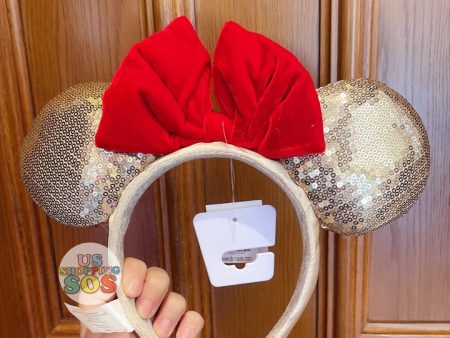 HKDL - Minnie Mouse Wish-able Gold Sequin Red Ribbon Ear Headband For Discount