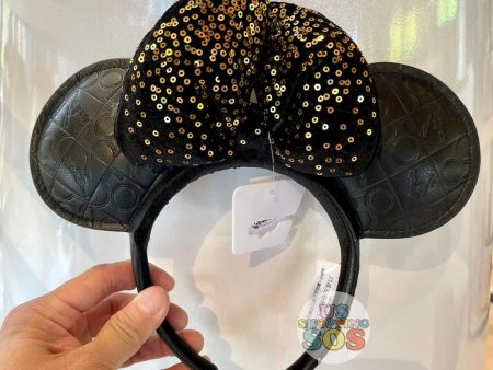 WDW - Walt Disney World 50 - Black Pleather Gold Sequin Velvet Bow Headband For Sale